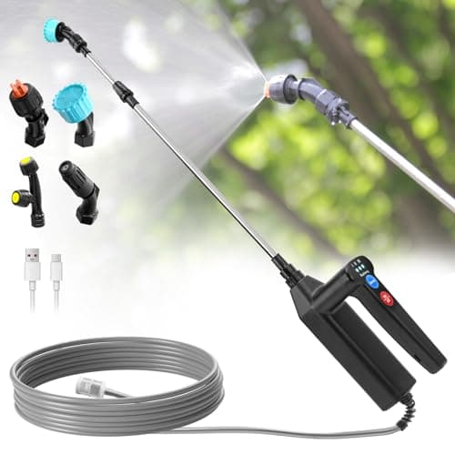 Image of SYLSTAR Battery Powered Sprayer 8M Hose, 26.2inch Electric Weed Sprayer Wand, 3 Adjustable Spraying Force & Battery Indicator, 4 Nozzles, 7.4V Rechargeable Garden Lawn Plant Spray Handle