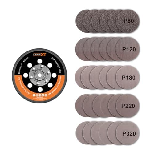 Image of MAXXT 125mm Hook & Loop DA Sander Backing Plate Pad + 30 Sandpapers (5 Grits P80/P120/P180/P220/P320) - Compatible with MAXXT R7303 Brushless Orbital Sander