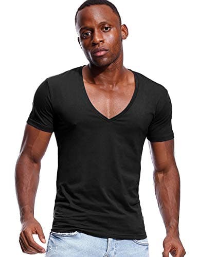 Image of Deep V Neck T Shirt for Men Low Cut Stretch Tee Vee Top Short Sleeve Black M