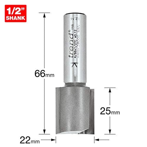 Image of Trend Professional Straight Two Flute Router Cutter, 1/2 Inch Shank, 22mm Cut Diameter & 25mm Cut Length, Tungsten Carbide Tipped, 4/66X1/2TC