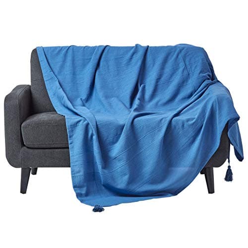 Image of HOMESCAPES - Rajput Ribbed Throw - 60 x 80 Inches - Plain Blue - Handmade 100% Cotton - Suitable for most 2 Seater Sofas - Single bedspreads - Easy care washable at home