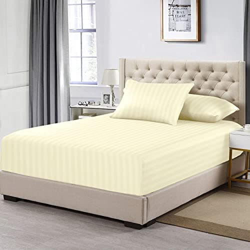 Image of Pizuna Cream Satin Stripe King Size Fitted Sheets, 300 Thread Count Long Staple Combed 100% Cotton Damask Bedding, 40 cm Deep Fitted King Size Sheet (160cm x 200cm Fitted Sheet King Size)