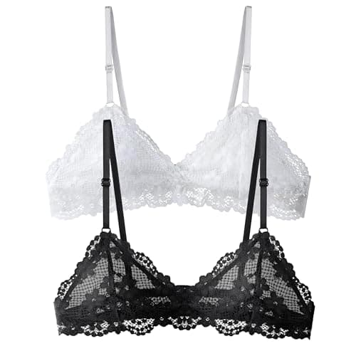 Image of Cotorance Women’s 2-Pack Lace Bras – Non-Wired, Soft Cup Unlined, Deep V Neck Plunge Triangle Bralettes Black/White