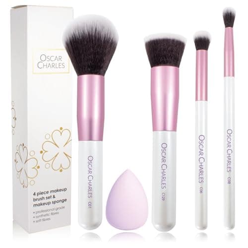 Image of Oscar Charles Essential Makeup Brush Set, 5 Piece, Powder Foundation Concealer Blending Make Up Brushes with Beauty Sponge, Pink and White