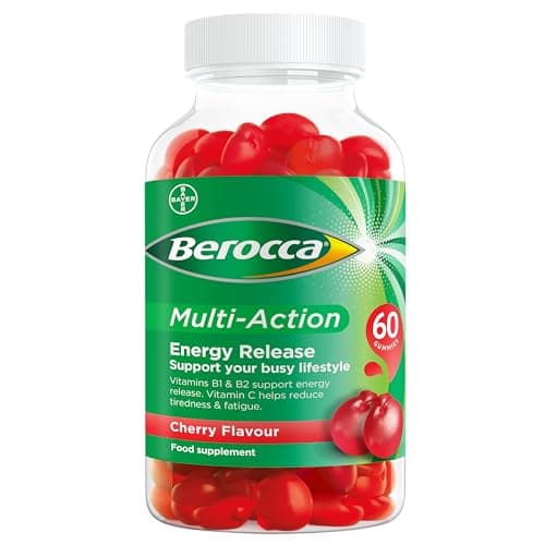 Image of Berocca Multi-Action Multivitamin Gummies - Including Vitamin D, C, A, B-Complex (B1, B2, B3, B6, B7 & B12), E - Supplement for Women, Men and Kids - 60 Gummies - Cherry Flavour