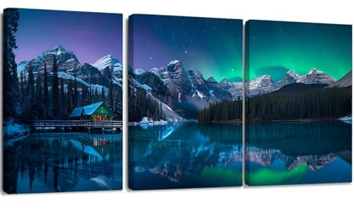 Image of 3 Pieces Canvas Wall Art Prints, Modern Picture Framed Aurora Artwork Paintings, Wooden Frame Canvas Wall Art, Natural Landscape Pictures Print on Canvas Framed Modern Artwork for Wall Decorations