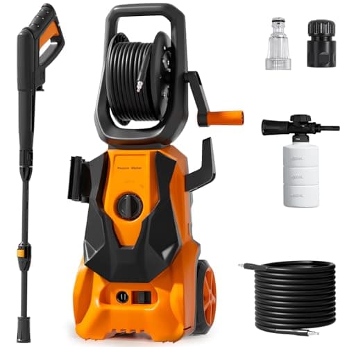 Image of Pressure Washers 1800W 140Bar, Jet Washers Pressure Washers with Hose Reel Adjustable Nozzles & Foam Tank Power Cord, Portable Power Washer for Yard, Cars, Garden, Furniture.