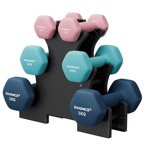 Image of SONGMICS Set of 6 Dumbbells with Storage Stand, Hand Weights with Neoprene Coating, Hexagonal Dumbbells, 1 kg, 2 kg, 3 kg, Home Workout, Fitness, Pink, Aqua, and Blue SYL612MK
