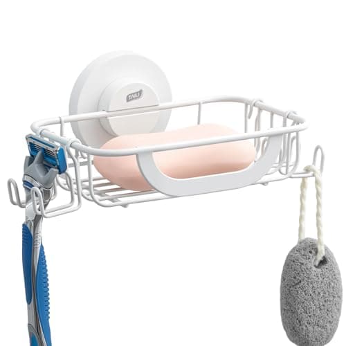 Image of TAILI Suction Soap Dish for Shower with Hooks, Max Hold 5 KG Soap Holder Shower for Bathroom, Wall Mount Sponge Tray, Removable, Metal Bathtub Organizer, Drill-Free Sink Holder, Stainless Steel, White