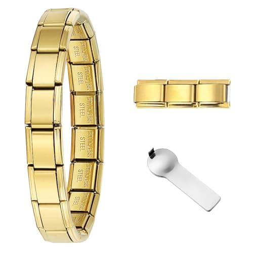 Image of Gold Italian Charm Bracelet for Women Men 9mm Stainless Steel Modular Starter Link Bracelet with 18 Links & 3 Extra Charms Adjustable 18cm-21cm Modular Bracelet with Opening Tool