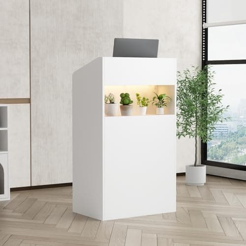 Image of PREMTURE Small Reception Desk with LED Lighting, Compact White Front Counter with 2 Storage Shelves, Engineered Wood Slim Reception Podium for Office Shop Beauty Salon Lobby