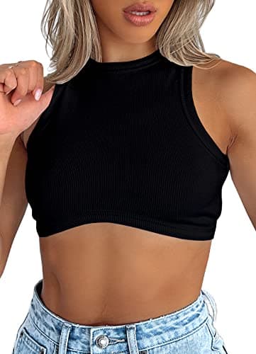 Image of Navneet Women Crop Top Sexy Racerback Vest Tops Ribbed Sleeveless Cropped Tank Tops Going Out Top Black S