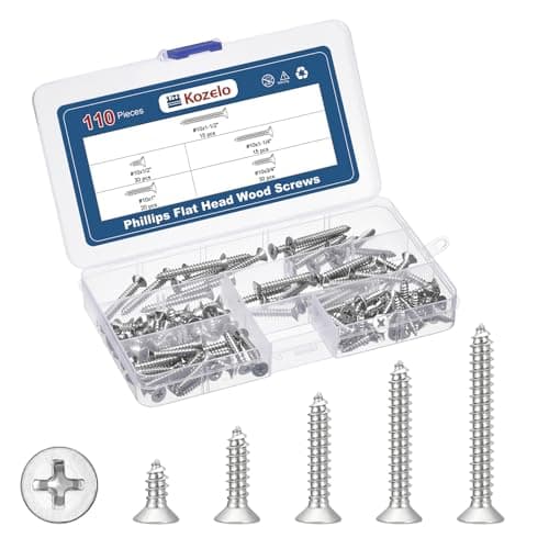 Image of Kozelo 110Pcs Phillips Flat Head Wood Screws Assortment Kit - [#10x1/2" to 1-1/2"] 304 Stainless Steel Countersunk Self Tapping Screws, Silver