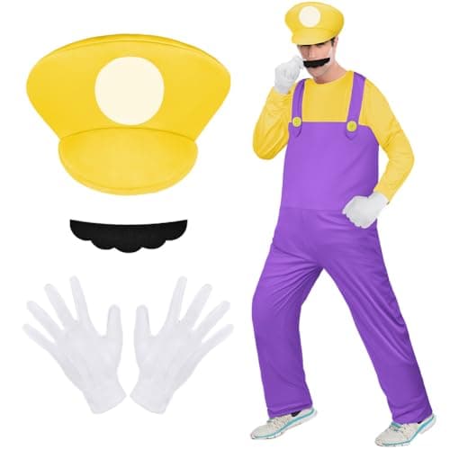 Image of Aomig Mario Costumes, 4 Pack Mario Cosplay Costume Accessories Kits with Bodysuit, Luigi Hats Cap, Mustaches, White Gloves, Mario Luigi Bros Fancy Dress Outfit Costume for Party World Book Day