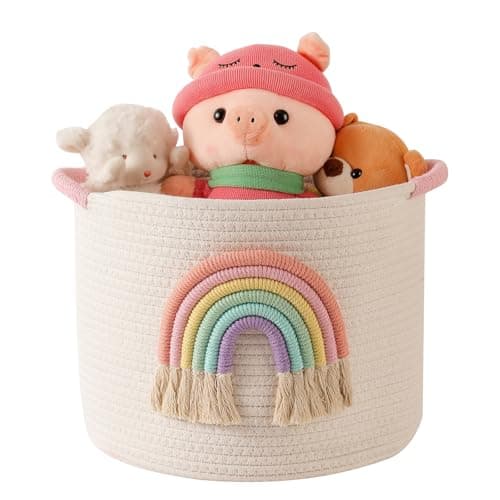 Image of INough Toy Storage Baskets Woven Cotton Rope Storage Basket with Rainbow Decor for Kids, Blanket Baskets for Living Room/Nursery, Toys Organizer Rainbow Baby Gifts Basket Girls Toy Basket with Handle