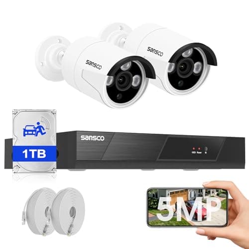 Image of SANSCO 8CH NVR 3K PoE CCTV Camera System Outdoor with 1TB Hard Drive, 24/7 Audio Recording, 2 X 5MP Wired Home Security PoE IP Camera, Face/Human/Vehicle Detection, Color Night Vision, Remote Access