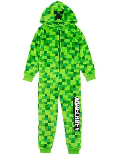 Image of Minecraft Creeper Kids Green Onesie | Boys & Girls Pixel Print Hooded All-in-One Pyjamas with Creeper Face Design | Soft Fleece Gamer Sleepsuit | Nightwear, Dress-Up, Loungewear | Official Merchandise