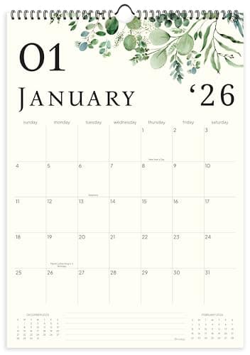 Image of Wall Calendar 2025-2026, 18 Months, Runs from July 2025 to December 2026, 17" x 12" Large Wall Calendar with Hanger, Thick Paper and Spiral Binding. Watercolor Eucalyptus Design.