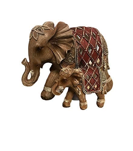 Image of Brown and Silver Decorated Elephant and Calf Figurine Ornament Gift Boxed