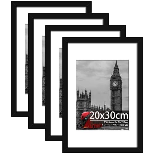 Image of Tinkeps 4 Pack 20x30cm Black Picture Frame, Engineered Wood and Plexiglass, 20x30cm Frame with Mount for 6x8 inch Prints, Photos, and Posters, Tabletop and Wall Mountable