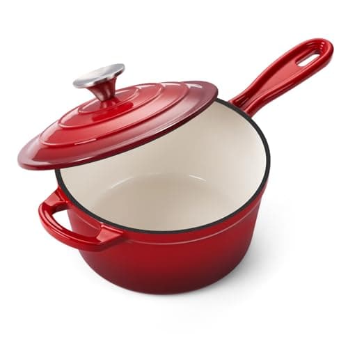 Image of Onader 2QT Saucepan with Lid Enameled Cast Iron Sauce Pan Pot Small Dutch Oven Cooking Kitchen Pot Nonstick & Heavy Duty – Red