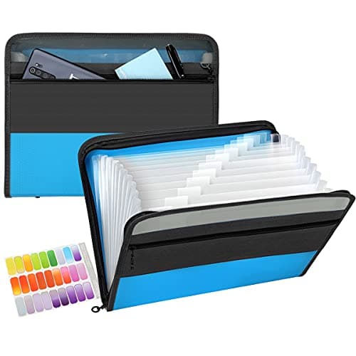 Image of TRANBO 13 Pockets A4 Expanding File Folder, Zipper Closure Concertina Document Wallet, Paperwork Organizer with Handy Front Pocket for Personal Office Stationary - Blue
