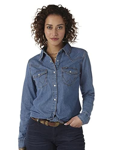 Image of Wrangler Women's Western Long Sleeve Denim Snap Shirt, Mid Denim, L UK