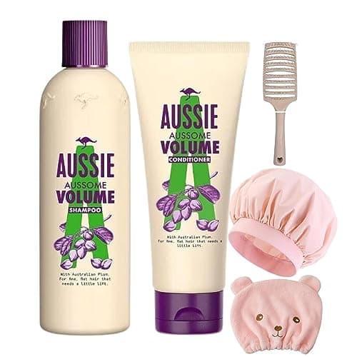 Image of Hair Care Shampoo & Conditioner Set - Includes 1 x detangling Brush 1 x Shower Cap 1 x Hair Drying Cap 1 Bunled with 300ml Aussie Aussome Volume Shampoo & 200ml Aussie Aussome Volume Conditioner.