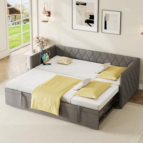 Image of ModernLuxe Pull Out Sofa Bed with Integrated Charging Station, 3FT Upholstered Single Day Bed with USB and Type-C Ports, Comfortable 2 Seater Sofa for Living Room, Bedroom, or Study Room, Linen, Grey