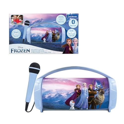 Image of Lexibook, Frozen, Wireless light speaker with microphone, Stereo sound, Karaoke function, USB and SD card ports, Rechargeable battery, Handle to carry everywhere, Blue/Purple, BTP585FZZLXB