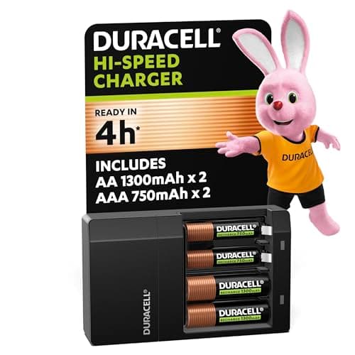 Image of DURACELL Hi-Speed Battery Charger, 4 hours, Compatible with AA and AAA NiMh Batteries, 2x AA 1300mAh and 2x AAA 750 mAh, Rechargeable Batteries Included