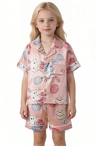 Image of Kids Silk Pyjama Sets Girls Boys Satin Pyjamas Short Sleeve Button Down PJS Silky Sleepwear for Children Pink Rabbit Size 140/7-8Y