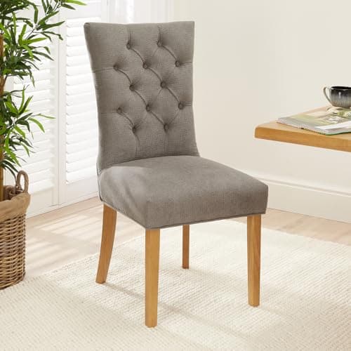 Image of The Furniture Market Chester Grey Fabric Button Back Dining Chair | Quilted Back | Natural Oak Hardwood Legs | Padded Seat | Minor Assembly Required | H 1040mm x W 520mm x D 630mm