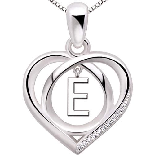 Image of ALOV Jewelry Sterling Silver Initial E Letter Alphabet Love Heart Cubic Zirconia Pendant Necklace