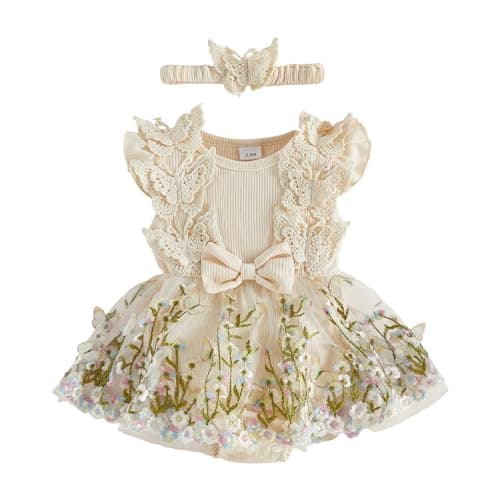 Image of JCOPLY Baby Girl Romper Dress Summer Birthday Party Outfit Butterfly Decor Fly Sleeve Ribbed Jumpsuit Flower Embroidery Tulle Skirt Patchwork Headband (Apricot, 3-6 Months)