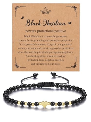Image of CrystalTears Black Obsidian Crystal Bracelet for Women 4mm Healing Gemstone Beaded Bracelet with Gold Heart Charm Stone Bracelet Jewellry Gifts for Women Girlfriend Mum Birthday Valentine’s Day
