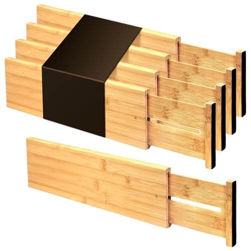 Image of Utoplike 4 Piece Bamboo Raised and Extended Drawer Dividers, Wooden Adjustable Drawer Organiser, Spring Loaded Inserts, for Clothes, Cosmetics in Bathroom and Bedroom