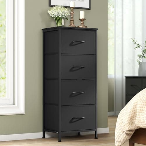 Image of SONGMICS Chest of Drawers, 4 Fabric Drawers Storage Unit, Steel, MDF, Non-Woven Fabric, for Bedroom, Closet, Hallway, Living Room, Ink Black and Ebony Black LGS314BH03