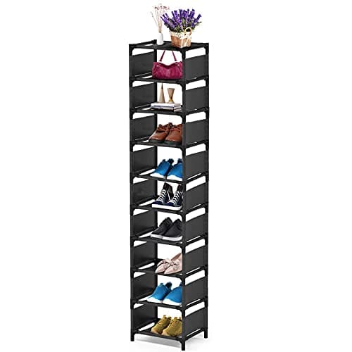 Image of esonstyle 10 tier Shoe Rack, Tall Shoe Rack for Narrow Space, Vertical shoe rack for 10 Pairs, Non-Woven Fabric Shelves Metal shoe rack for Hallways, Kitchens, and Bedrooms—Shoe Stand,Black