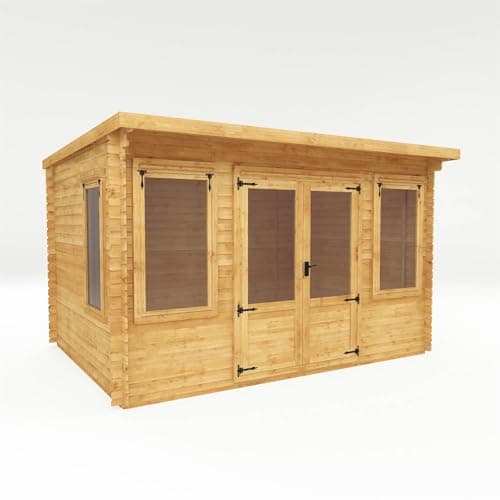 Image of WALTONS | Wooden Log Cabin 4m x 3m | Pent Roof | Garden Room | 19mm Interlocking Log Boards | Double Doors