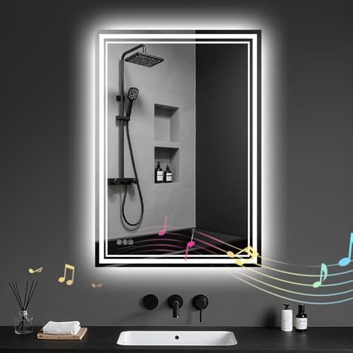 Image of Archaluxe Bathroom Mirror with LED Light: 50x70cm Illuminated Wall Mounted Bluetooth LED-Bathroom-Mirror with Shaver Socket Anti-Fog 3 Colors Dimmable Memory Function Smart Mirror Horizontal/Vertical