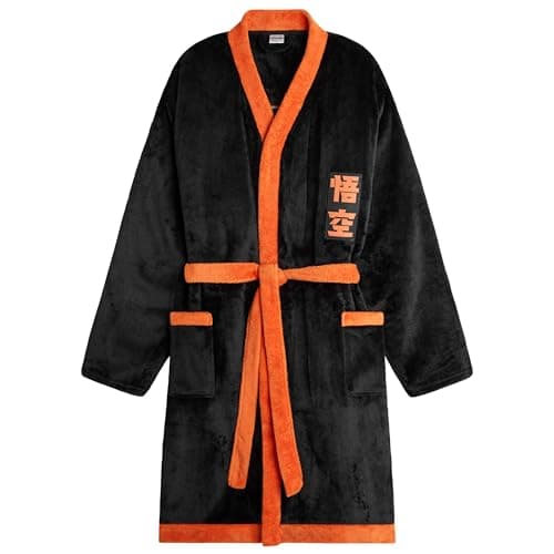 Image of Dragon Ball Z Mens Fleece Dressing Gown Fluffy Bathrobe Loungewear Gifts for Him (Black/Orange, 3XL)