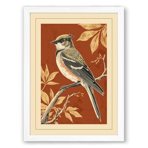 Image of Long-Tailed Songbird Botanical Framed Wall Art Print A3 (42×29.7cm) White, Wall Decor for Living Room, Bedroom, Office & Home, Ready to Hang, Art Gift
