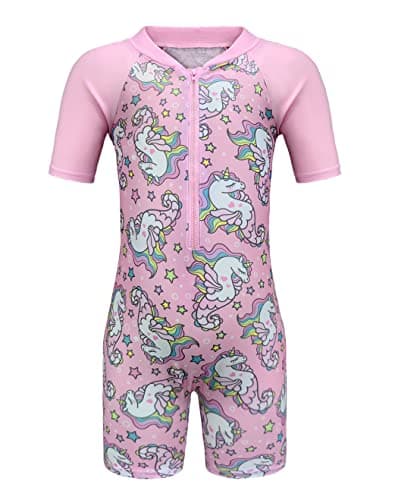 Image of Moneric Girls Swimming Costume Kids One Piece Swimsuit Unicorn Swimwear UV Protection Zipper Bathing Suit Rash Guard Surfing Beachwear Age 3-4 Year Pink