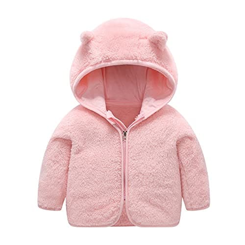 Image of Toddler Baby Boys Girls Soft Fleece Hoodie Jacket with Cute Bear Ear Zip Up Cartoon Fleece Hooded Coats for Newborn Infant Boys Girls Warm Fuzzy Jacket Fall Winter Clothes (Pink, 3-6 Months)
