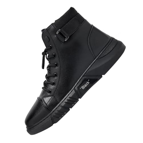 Image of Men's High Top Casual Boots Lace up Leather Trainers with Zip Side, Fashion Ankle Boots for Men with Non Slip Sole, Padded Collar Urban Streetwear Walking Shoes, Lightweight Fit