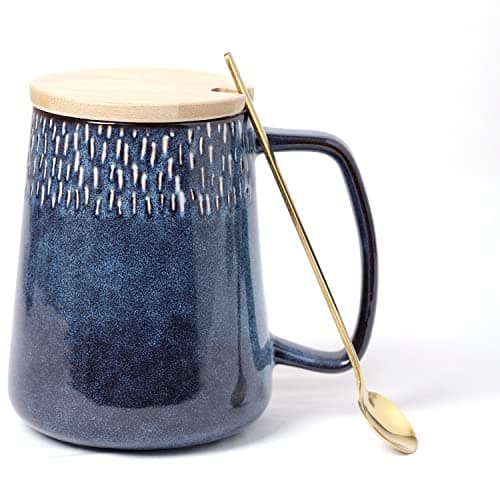 Image of Large Ceramics Coffee Mugs，24 OZ/700ml Extra Large Cups,Matching Lid and Spoon， for Cappuccino, Latte, Hot Cocoa Or Hot Tea -Gift for Birthday/Christmas/Valentine's (24 oz Blue Set)