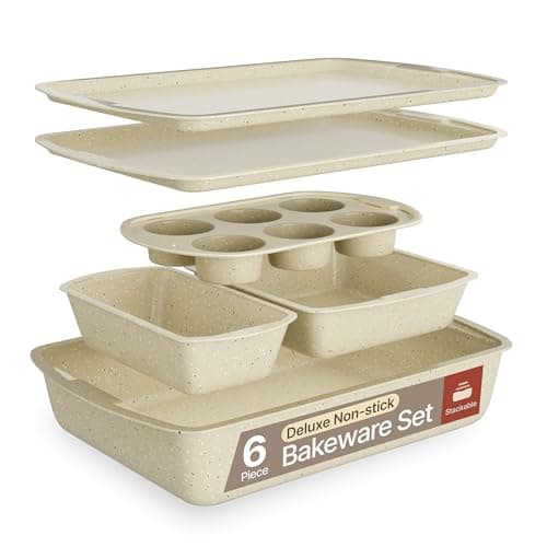 Image of Bakken Swiss - Bakeware Set – 6 Piece – Stackable, Deluxe, Non-Stick Baking Pans for Professional and Home Cooking – Carbon Steel, White Stone Coating
