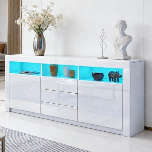Image of BESTWANTED Modern White Gloss Sideboard, 2 Doors 3 Drawers, LED Lights, Large, Home Office, Living Room, Kitchen