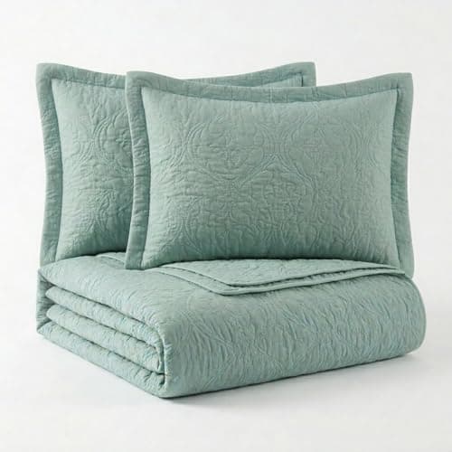 Image of StylemyBedroom Ultrasonic Floral Bedspread Set - Soft Microfiber Quilted Coverlet for All Seasons - Includes Matching Pillow Shams (Green, Double)